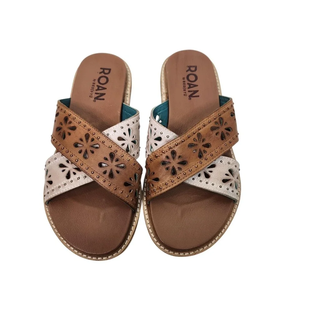 ROAN Chant Sandals Womens 6.5 36.5 Brown Leather Floral Slide Wedge Shoes